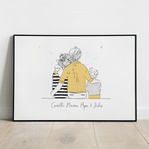 May include: A black and white line drawing of a family of four, a mom, dad, and two children, sitting together with their backs to the viewer. The family is surrounded by small gold stars. The text "Camille. Maman. Papa & Jules" is written below the family.