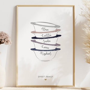 Pôster "Tigelas de família" - Tigelas bretãs personalizadas - Ilustração de tigelas de família personalizáveis - Presente de Natal - Retrato de família personalizado