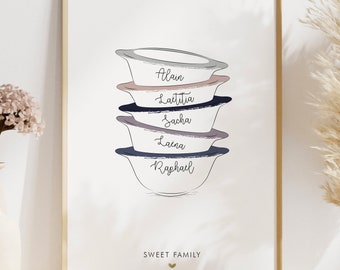 Poster "Family bowls" - Ciotole bretoni personalizzate - Ciotole di illustrazione familiare personalizzabili - Regalo di Natale - Ritratto di famiglia personalizzato
