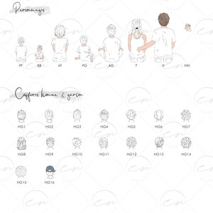 Peut inclure: Un ensemble de 16 illustrations en noir et blanc de coiffures pour hommes et gar&ccedil;ons. Les illustrations sont &eacute;tiquet&eacute;es avec le texte "Personnages" et "Caffures homme & gar&ccedil;on".