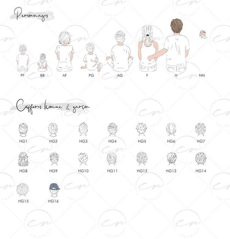 Peut inclure: Un ensemble de 16 illustrations en noir et blanc de coiffures pour hommes et gar&ccedil;ons. Les illustrations sont &eacute;tiquet&eacute;es avec le texte "Personnages" et "Caffures homme & gar&ccedil;on".