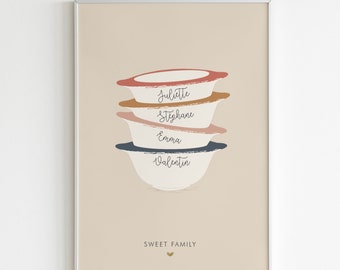 "Family Bowls" Poster - Personalized Breton Bowls - Customizable Family Bowls Illustration - Mother's Day Gift - Breakfast Bowl