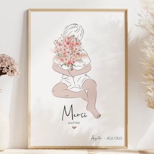 Cartel de agradecimiento del maestro, cartel personalizado de Atsem, gracias maestro, dibujo de niño con ramo, regalo de fin de año, ilustración de estudiante