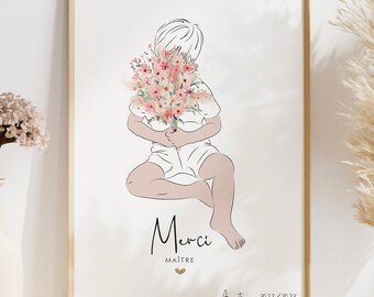 Affiche remerciements maîtresse, Poster personnalisé Atsem, Merci maître, Dessin garçon avec bouquet, cadeau fin d'année, Illustration élève