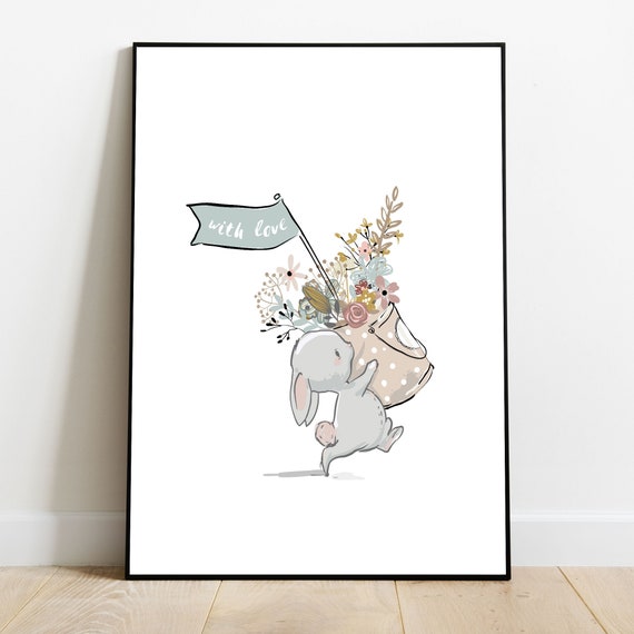 Flower Bunny Poster Baby Child Room Decoration Artprint Etsy Norway