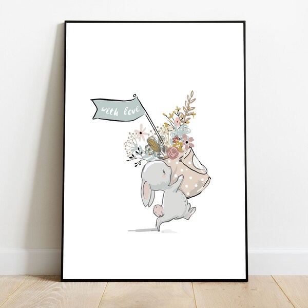 Affiche lapin fleurs, Décoration chambre bébé/enfant, Artprint, Bunny flowers poster