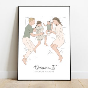 Afiche personalizado "Retrato de familia durmiente" - Ilustración personalizable de padres e hijos durmientes - Regalo del Día de la Madre/Navidad