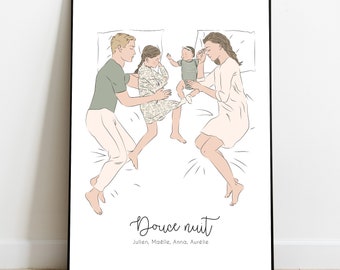 Affiche "Portrait de famille endormie" personnalisée - Illustration parents et enfants endormis personnalisable - Cadeau fête des mères/Noël
