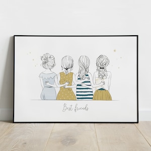 Gepersonaliseerde vriendenposter, poster voor 4 vrouwen, gepersonaliseerd cadeau voor vrienden, poster voor beste vrienden, kunstprint, gepersonaliseerde vriendenposter