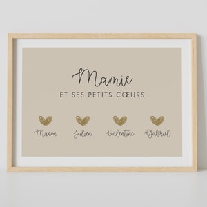 Illustration Mamie et ses petits cœurs, Affiche personnalisée famille, poster cœurs petits-enfants, fête des grands-mères