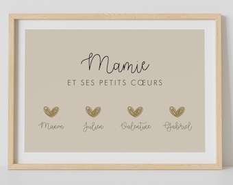 Illustration Grandma and her little hearts, Personalized family poster, poster of grandchildren's hearts, Grandmother's Day