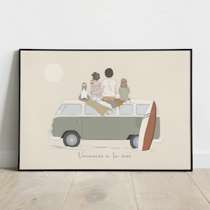 Affiche "Portrait de famille" - Dessin van avec famille personnalisée - Cadeau famille personnalisable  - Noël - Croquis Combi volkswagen