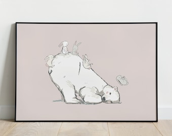 Bear and rabbit poster, baby/child's room decoration, art print, bunny and bear poster, triptych