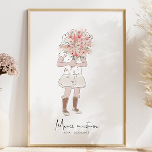 Cartel de agradecimiento del maestro, cartel Atsem personalizado, gracias maestro, niña con dibujo de ramo, regalo de fin de año, ilustración de estudiante