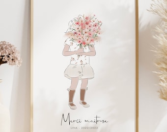 Teacher thank you poster, Personalized Atsem poster, Thank you teacher, Girl with bouquet drawing, End of year gift, Student illustration