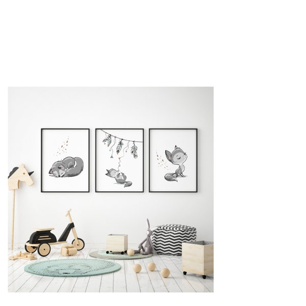 Triptyque affiches loup, Décoration chambre bébé/enfant, Triptyque louveteau chambre enfant, Artprint, Triptych wolf poster, wolf drawing