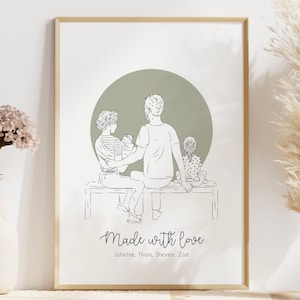 Póster "Retrato de familia" - Póster familiar personalizado - Ilustración infantil personalizable - Regalo Día de la Madre - Dibujo de pareja