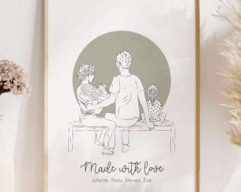 Affiche "Portrait de famille" - Poster famille personnalisée - Illustration enfants personnalisable  - Cadeau fête des mères - Dessin couple