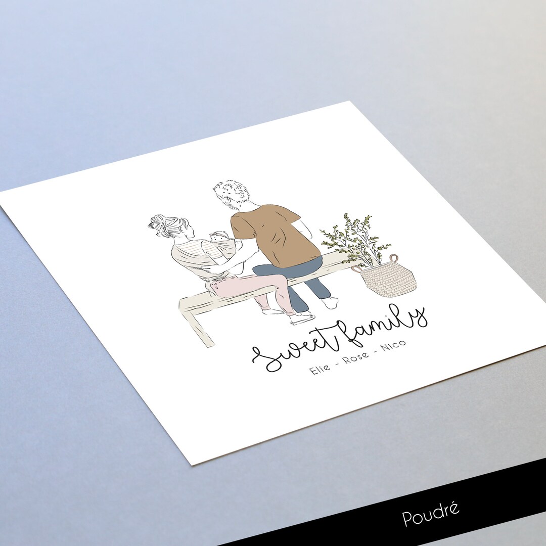 Girl and Boy Birth Announcement, Family Drawing on Bench, Baby Photo ...