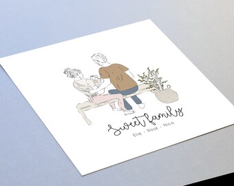 Girl and boy birth announcement, family drawing on bench, baby photo card, boho chic, minimalist, handmade, digital