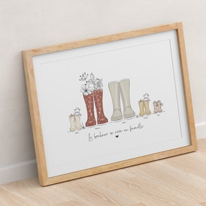 Affiche famille personnalisée, Illustration bottes de pluie, cadeau de Noël, Portrait famille, Poster chaussures, Dessin tableau breton