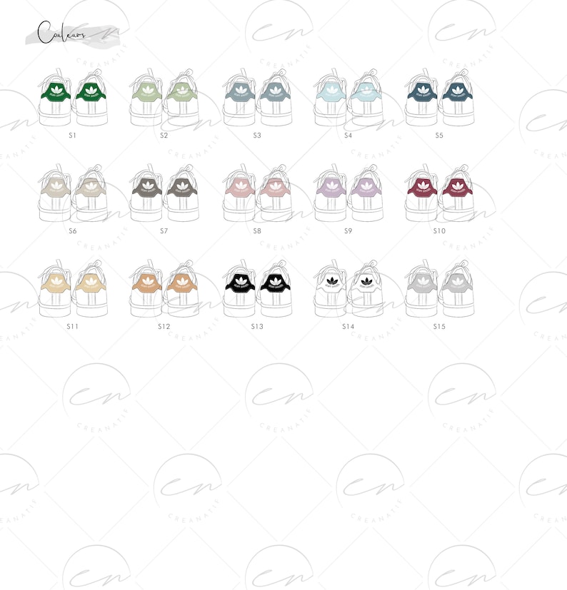 May include: A set of 15 pairs of white sneakers with different colored accents. The sneakers are numbered 51 through 515.