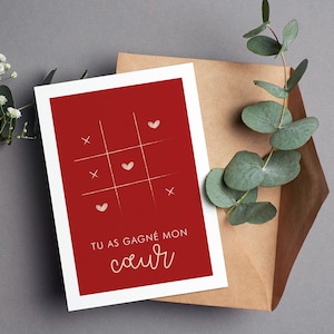 Carte Saint-Valentin, carte amoureux, message d'amour, carte jeu du Morpion avec cœurs, card valentine's day image 1