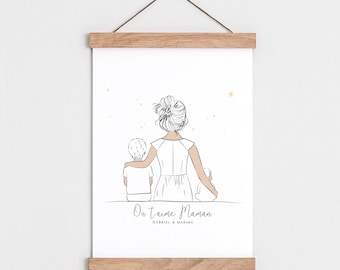 Puede incluir: Una ilustración en blanco y negro de una madre con dos hijos. La madre está de pie de espaldas al espectador, y los niños están de pie frente a ella. La ilustración está sobre un fondo blanco con estrellas doradas. El texto "On t'aime Maman" está escrito debajo de la ilustración, junto con los nombres "Gabriel & Maxime".