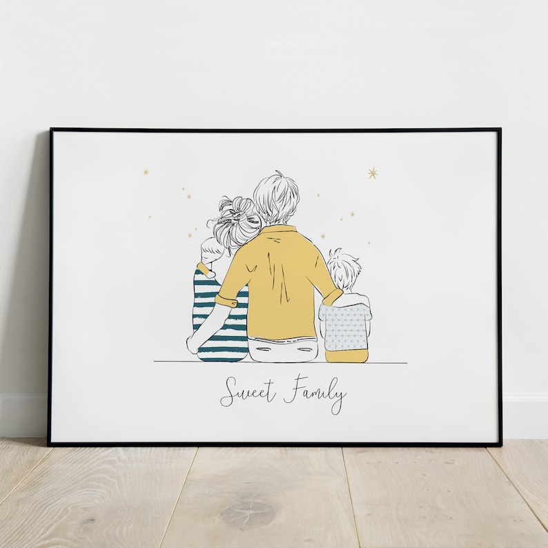 May include: A black and white line drawing of a family of four, a mom, dad, and two children, sitting together with their arms around each other. The family is looking at a starry sky. The text "Sweet Family" is written below the family.