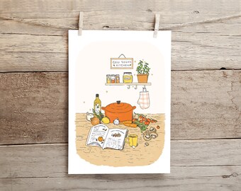 Cosy Vegan Kitchen A5 Print | Vegan Art | Vegan Gifts | Vegan Food | Cottagecore | Food Illustration | Postcard | Food Art