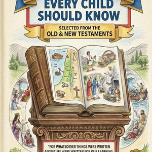May include: A colorful illustrated book titled "50 Bible Stories Every Child Should Know." The open book displays detailed drawings of biblical scenes, including maps and figures. The cover and base are brown, with text in blue and red.