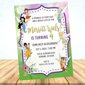 May include: A green and purple invitation with a watercolour background featuring fairies. The invitation is for Merritt Wels's 4th birthday party. The text reads "A sprinkle of fairy dust and a whole lots of fun. Merritt Wels is turning 4. Come help us celebrate! Oct 3, 2020 | 3:00 PM 1515 N. GLENOAKS BLVD BURBANK, CA 91504 RSVP TO SHERYLL 818.123.4567"