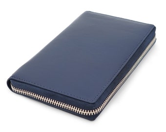 AG Wallets Navy Blue Soft Napa Leather RFID Safe 20 Credit Card Holder Zipper Slim Bifold Wallet & Organizer
