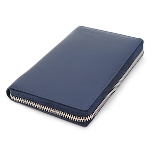 Cartera AG de piel napa suave azul marino con RFID Safe para 20 tarjetas de crédito, con cremallera, delgada, plegable y organizador