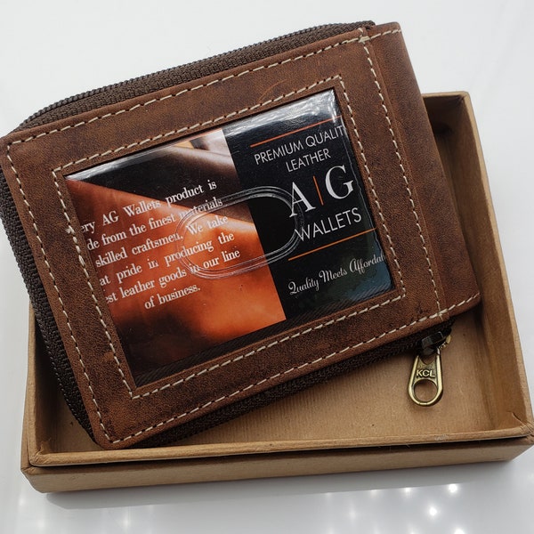AG Wallets Mens Zip Around Bifold  Wallet, Vintage Brown Leather, Card ID Cash Security Zipper Wallet, Gift Box Included