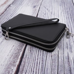 AG Wallets Women Double Zipper Black RFID Wallet Cowhide Leather Large Capacity  Phone Clutch Travel Purse Wristlet