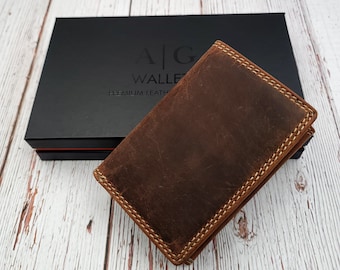 AG Wallets Mens Handmade Hunter Brown Genuine Leather Trifold Minimalist Wallet for Men Real Leather Slim Style Card Holder