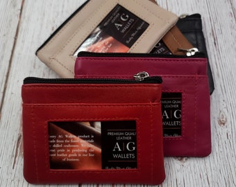 AG Wallets Leather Coin Purse with ID Slot, Credit Card Holder With Key Ring, Mini Zipper Pouch