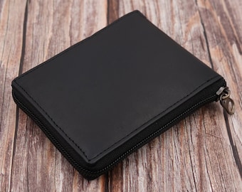 AG Wallets Mens Zip Around Bifold Black Leather Wallet, Cowhide Leather, Zipper Credit Card Holder, Gusset Cash Compartment