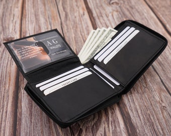 Black Leather Zip Around Wallet: Cowhide Bifold with Card Slots