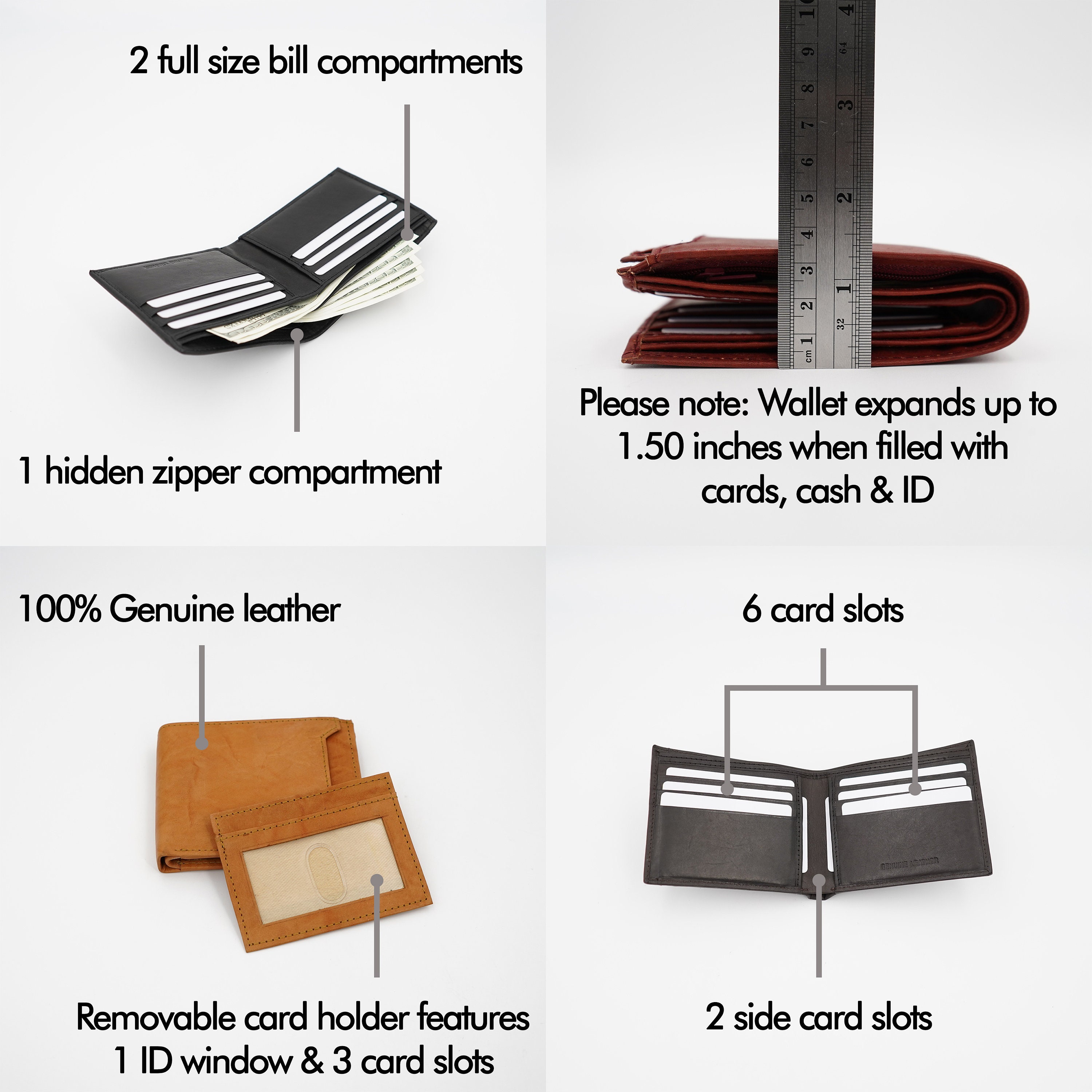 AG Wallets Men's 2-in-1 Sliding Bifold - Napa Leather RFID Wallet With Removable Card Holder
