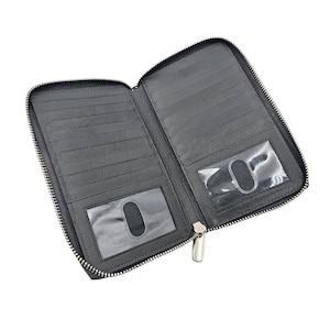 Cartera delgada plegable con cremallera y organizador de cuero napa gris con RFID, 2 identificaciones y 18 portatarjetas de crédito AG Wallets