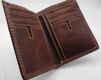 Personalized Mens Bifold Wallet: Handmade Vintage Brown Leather