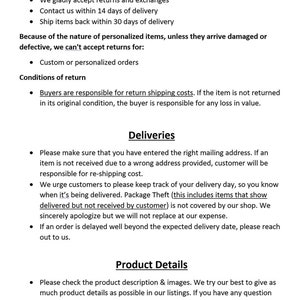 May include: Return policy and delivery information for personalized items.  Buyers are responsible for return shipping costs.  Customers are urged to keep track of their delivery day.  Product details and images are provided.  Contact the seller with any questions.