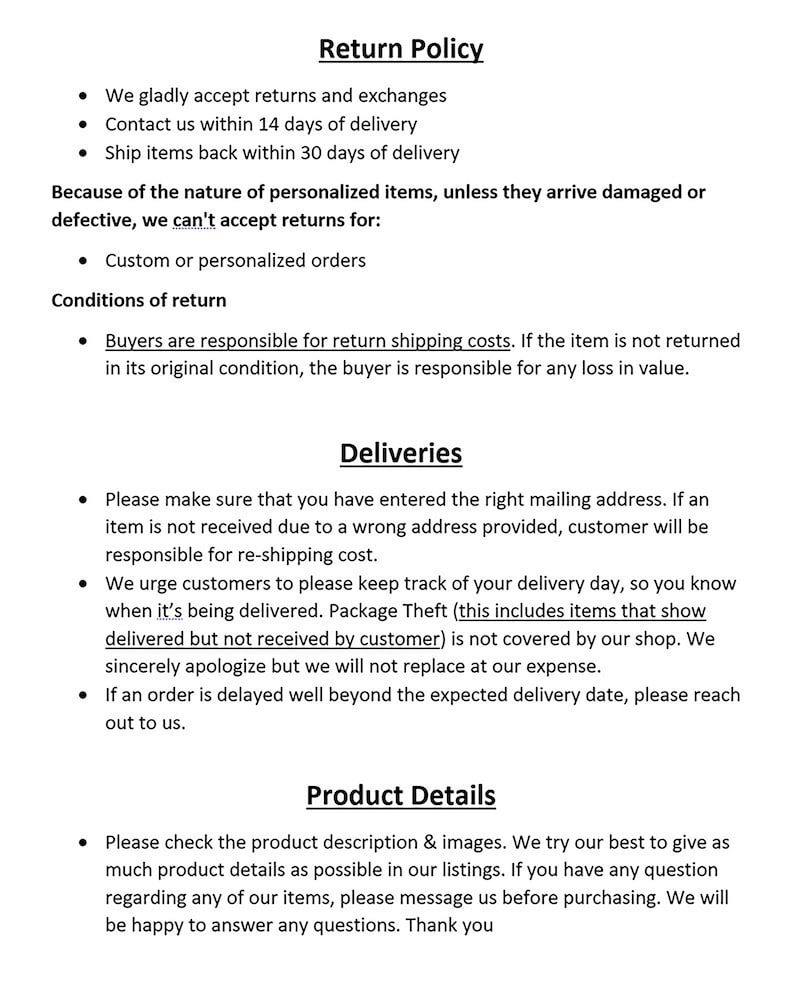 May include: Return policy and delivery information for personalized items.  Buyers are responsible for return shipping costs.  Customers are urged to keep track of their delivery day.  Product details and images are provided.  Contact the seller with any questions.