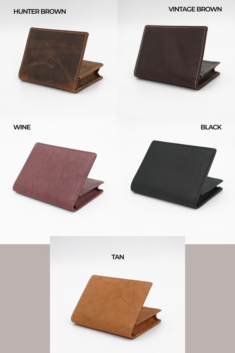 May include: Five leather wallets in different colors: hunter brown, vintage brown, wine, black, and tan. Each wallet is folded in half and has a stitched edge.