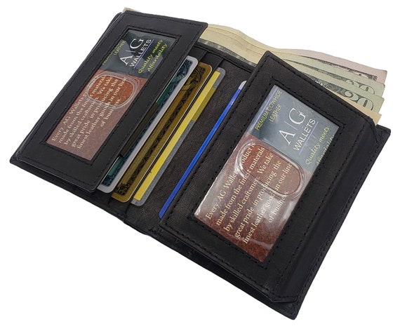 Hand Made Mens Tri Fold Flip ID Wallet Real Genuine Cow Skin Black Leather