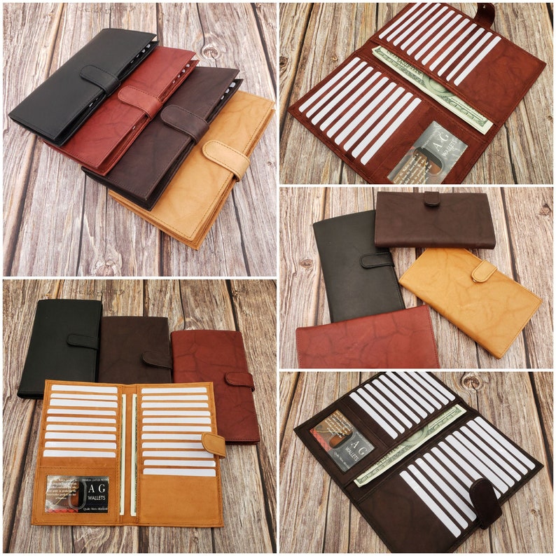 Peut inclure: Un ensemble de six portefeuilles en cuir de diff&eacute;rentes couleurs, dont le marron, le noir et le beige. Les portefeuilles ont plusieurs fentes pour cartes et une fermeture &agrave; rabat. Les portefeuilles sont dispos&eacute;s en grille sur une surface en bois.