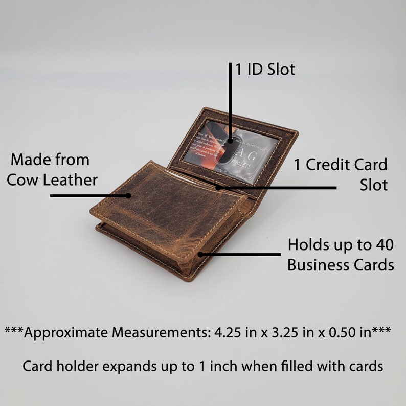 May include: A brown leather card holder with a window for an ID card. It has one credit card slot and can hold up to 40 business cards. The card holder measures 4.25 inches by 3.25 inches by 0.50 inches. The card holder expands up to 1 inch when filled with cards.