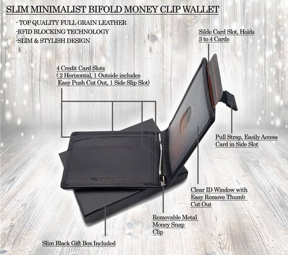 Mens Black Leather Bifold Hipster Wallet With RFID Blocking Technology In Box